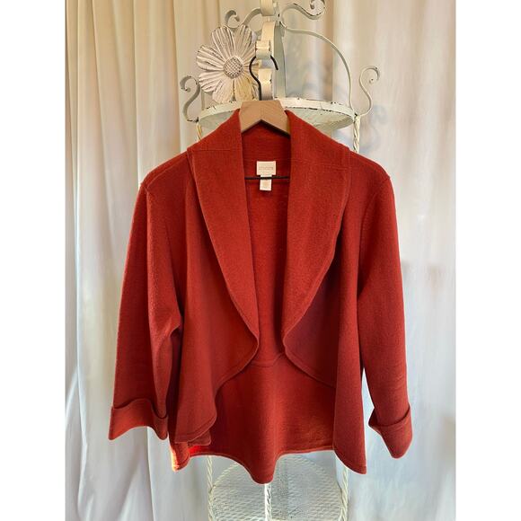 Chicos Sweater Cropped Wool Shawl Collar Cuffed Sleeves Burnt Orange Size Large - Picture 1 of 9